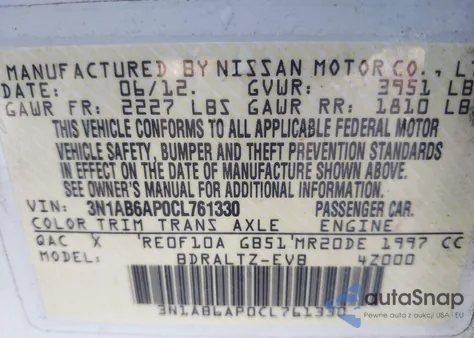 2012 Nissan Sentra 2.0 Sr z USA, uszkodzony, nr VIN 3N1AB6AP0CL761330